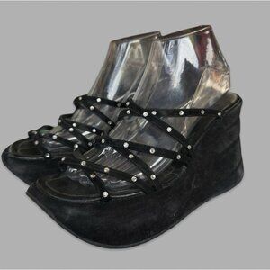 Y2K Stephane Kelian Strappy Suede Rhinestone Platform Wedge Sandals Black 8.5